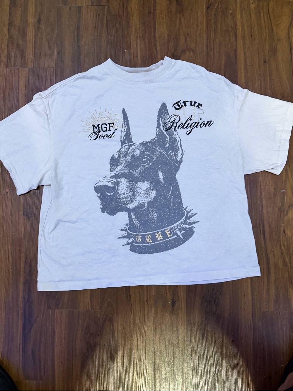 True Religion White Dog Graphic Tee with Doberman Print